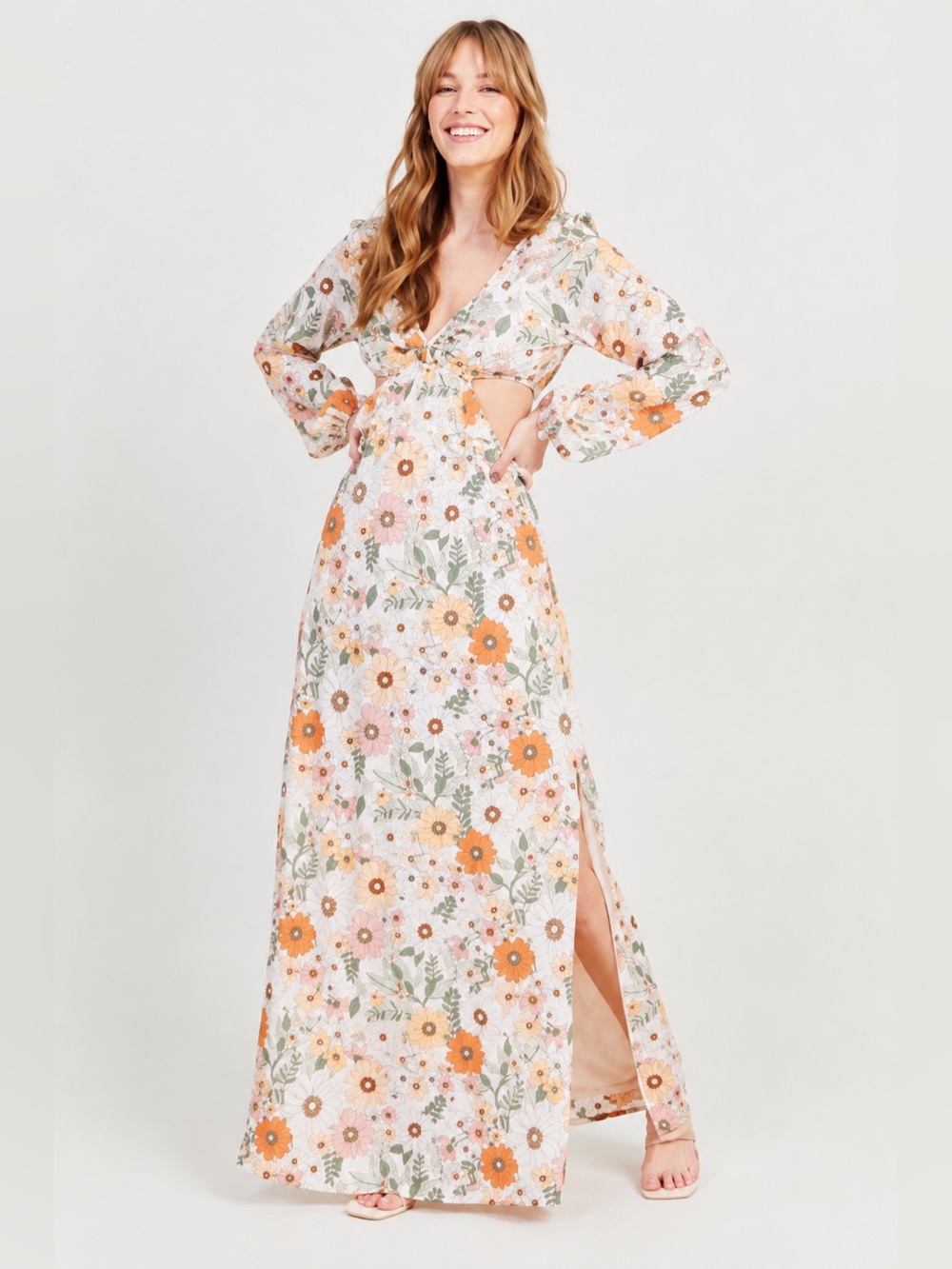 NWT Altar'd State 70s Boho Retro Floral Print Cutout Ruffle Maxi Dress M